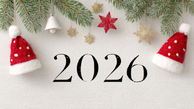 Festive 2026 greeting with Christmas decorations for a cheerful winter celebration