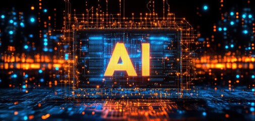 Ai displayed on glowing electronic circuit board with abstract orange grid and blue background dots in futuristic scene