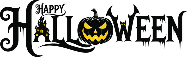 Spooky happy halloween vector design with haunted house and pumpkin for party invitation