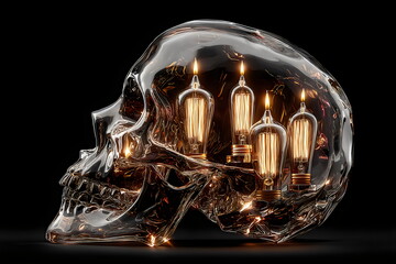 Skull sculpture with glowing vintage light bulbs inside, creating a striking contrast in a dark setting