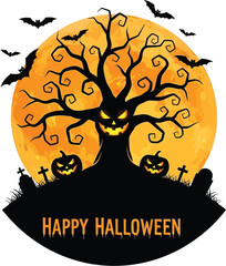 Spooky halloween night scene with haunted tree pumpkins bats and full moon