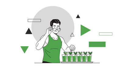 Man Examining Plants In Glasses With Modern Geometric Shapes And Green Concept Illustration