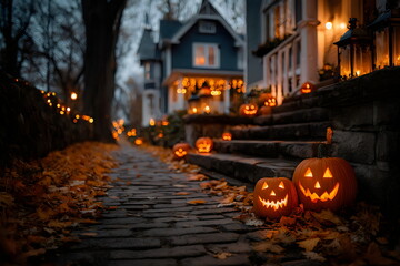 Charming fall evening with glowing jack-o'-lanterns on a tree-lined street during Halloween