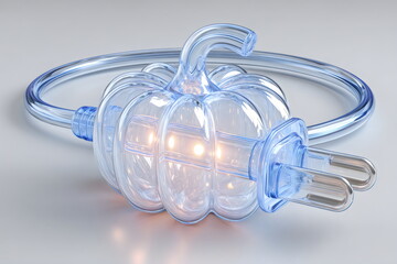 Creative pumpkin-shaped lamp design with clear materials and glowing lights displayed on a neutral background