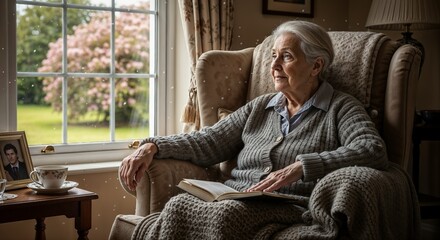 Elderly Woman Reflecting by Window with Book for Mental Health Awareness, Relaxation Blogs, Senior Care Resources, Wellbeing Articles, and Lifestyle Content