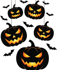 Spooky halloween pumpkins and bats hanging on strings for a festive celebration
