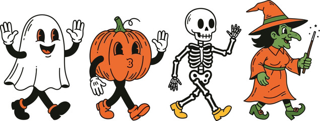 Spooky halloween characters parade with a ghost pumpkin skeleton and witch in vintage style