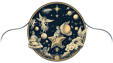 Whimsical illustration of a celestial scene featuring fairies, stars, and planets within a circular frame.