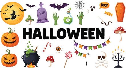 Spooky halloween elements featuring pumpkins witch ghost skull and other scary icons