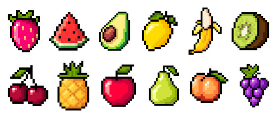 Pixel art fruit icons. Pixelated illustration of apple, lemon, watermelon, cherry, avocado, banana, pineapple, strawberry, kiwi, grapes, peach, pear. Retro 8 bit pixel art for game