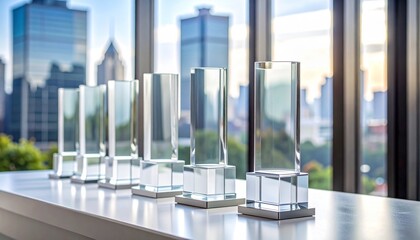 Row of six clear glass awards with beveled edges on white surface