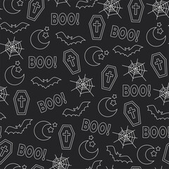 Obraz premium Halloween seamless vector pattern with white line symbols including coffins, crescent moons with stars, bats, spiderwebs, and the word 