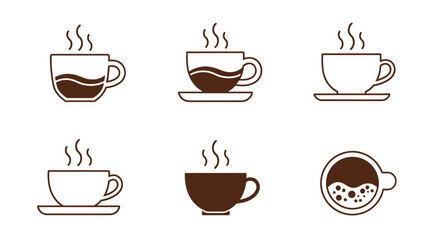 Six coffee cup icons with steam rising, showing different perspectives and fill levels, isolated on a white background.
