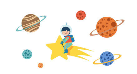 A cheerful astronaut child riding a shooting star, surrounded by planets in space.