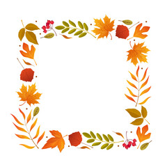 Vector illustration of a floral wreath from fallen autumn leaves, seasonal flowers and berries in square shape isolated on white background. Elegant decorative frame for fall design, seasonal card etc