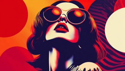The illustration shows a close-up of a stylized woman's face with large sunglasses against a background of abstract red and orange circles and stripes.