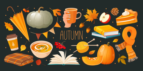 Vector cartoon symbols collection of autumn elements in warm color palette. Set includes umbrella, pumpkin, tea cup, fallen leaves, apple, pine cone, pumpkin dishes, books, decorative garland, etc