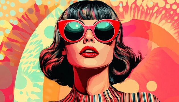 The illustration shows a close-up of a fashionable woman wearing red cat-eye sunglasses and a colorful striped top against a bright, abstract background. - Powered by Adobe