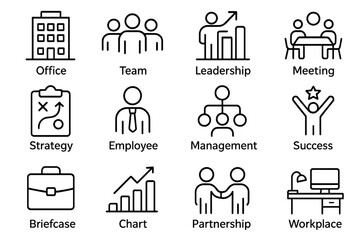 Naklejka premium Icons representing office activities and workplace collaboration for effective teamwork and management strategies