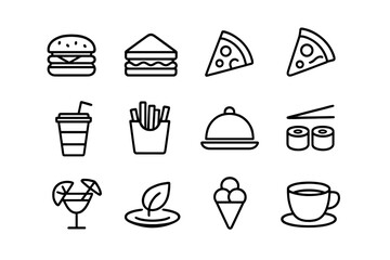 Various food icons including burgers, pizza, drinks, and desserts on a clean background