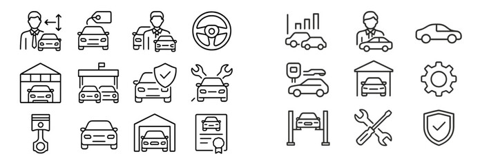 Icons representing various aspects of car services, maintenance, and ownership in a simple and clear design