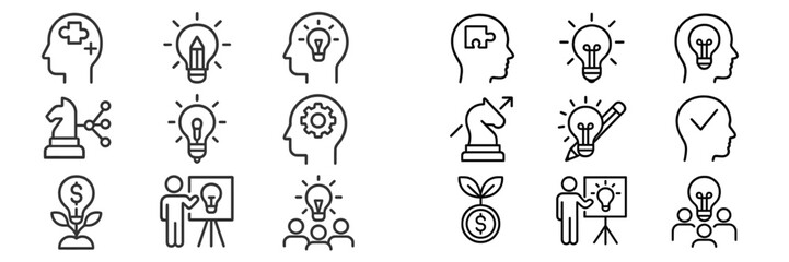 Collection of simple line icons representing concepts of creativity, business, and problem solving in various settings