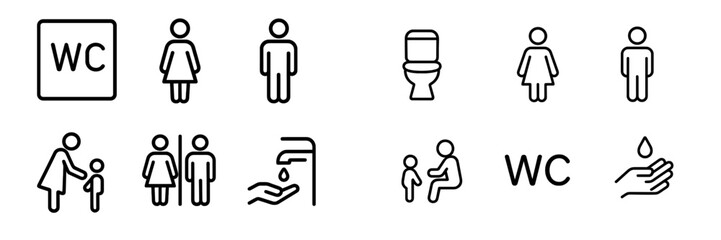 Clear symbols indicating restroom facilities and hygiene practices in a public space in a modern setting