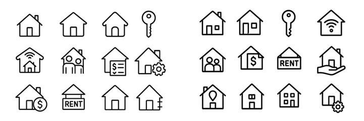 House rental icons showing keys, houses, and rental signs for real estate services