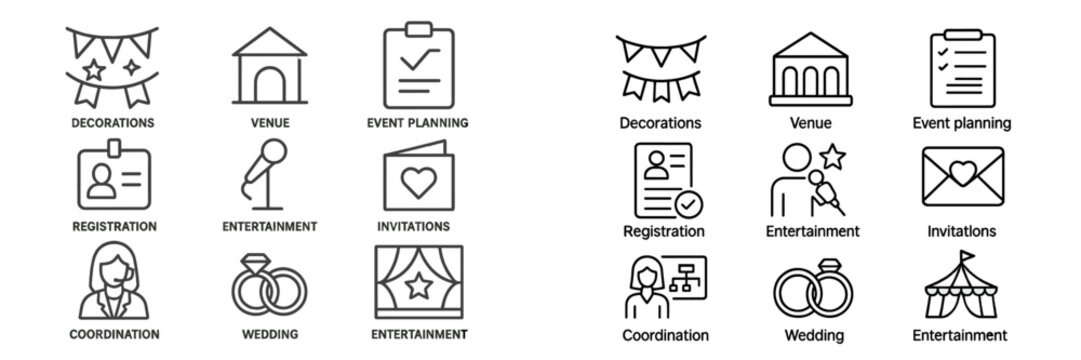 Icons representing various aspects of event planning and decorations for weddings and other celebrations