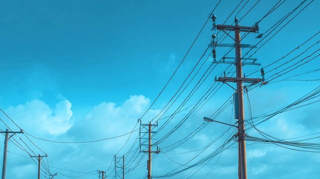Experience the intricate network of electrical power lines and towering utility poles against a stunning blue sky, representing vital infrastructure and essential energy connectivity.