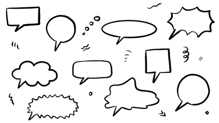 Fototapeta premium Hand-Drawn Speech Bubbles: Black & White Vector Set, Chat Icons, Communication Elements, Dialog Balloons, Thought Shapes, Doodle Style Illustration, Isolated