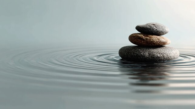 Experience serene tranquility with perfectly balanced zen stones creating gentle ripples in calm water, promoting mindfulness and spiritual wellness.
