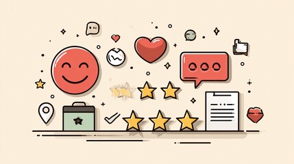 Celebrate exceptional customer satisfaction with dynamic five-star ratings, happy face emoji, positive feedback icons, and quality service reviews for an outstanding user experience.