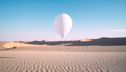 A solitary white balloon floats above the textured sand dunes under a clear blue sky.