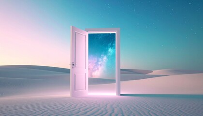 An open door in a surreal desert landscape reveals a celestial galaxy and stars within its frame.
