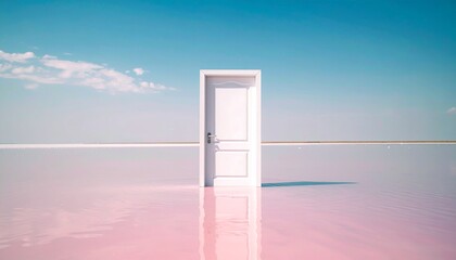 A solitary white door stands open in a vast, surreal landscape with a pinkish-white ground and a clear blue sky.