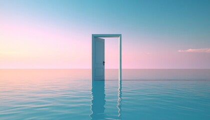 An open white door stands in the middle of a calm, reflective body of water under a serene gradient sky.