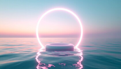 A serene digital artwork featuring a glowing ring above a platform floating on water at sunset.