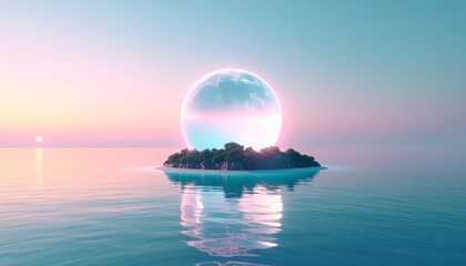 A surreal seascape with a giant glowing orb rising behind a small tropical island during a pastel sunset.