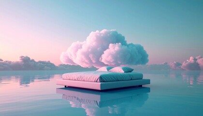 A surreal dreamscape featuring a bed floating on calm water beneath a fluffy cloud.