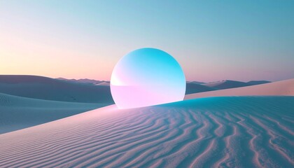 A large, glowing, translucent sphere with pink and blue gradients resting on soft sand dunes in a serene desert landscape at dawn.