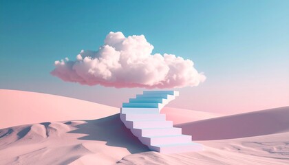 Surreal dreamscape: Stairs leading to a cloud in a desert landscape.
