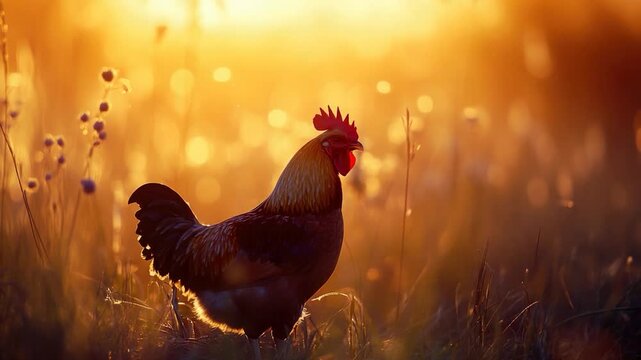 A rooster stands in a field during a beautiful sunset