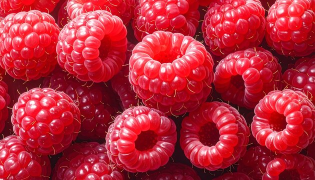 Close-up view of a cluster of vibrant, juicy raspberries, showcasing their plumpness and rich red hue.