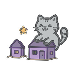 Microworld: cute cat resting on a stack of books with fluffy clouds. Kawaii doodle vector illustration