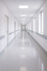 Sterile hospital corridor with bright lights and cold blue tones, empty modern hallway