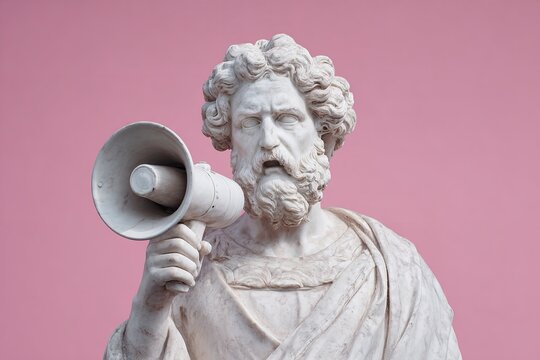 Ancient statue with megaphone shouting a powerful message for modern communication and bold announcements
