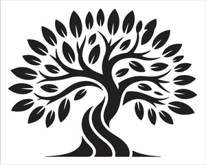 Silhouette of decorative tree with curving trunk and leafy branches isolated on white background, artistic natural symbol representing growth, life, strength, eco balance, and seasonal nature design i