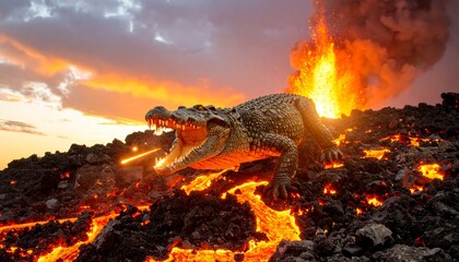 Fierce Crocodile Emerging From Volcanic Eruption at Sunset