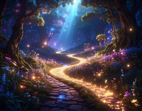 A luminous, winding path through a magical forest at night, highlighted by glowing flowers and fireflies.